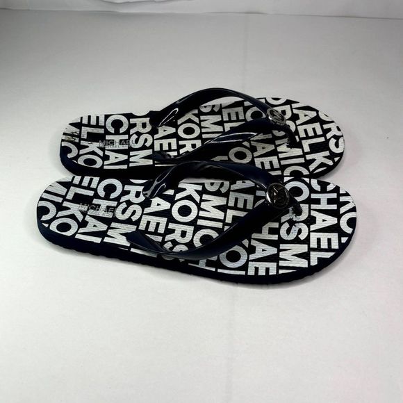 Michael Kors Monogram Logo Navy Blue White Flipflops Sandals Womens - Picture 2 of 8